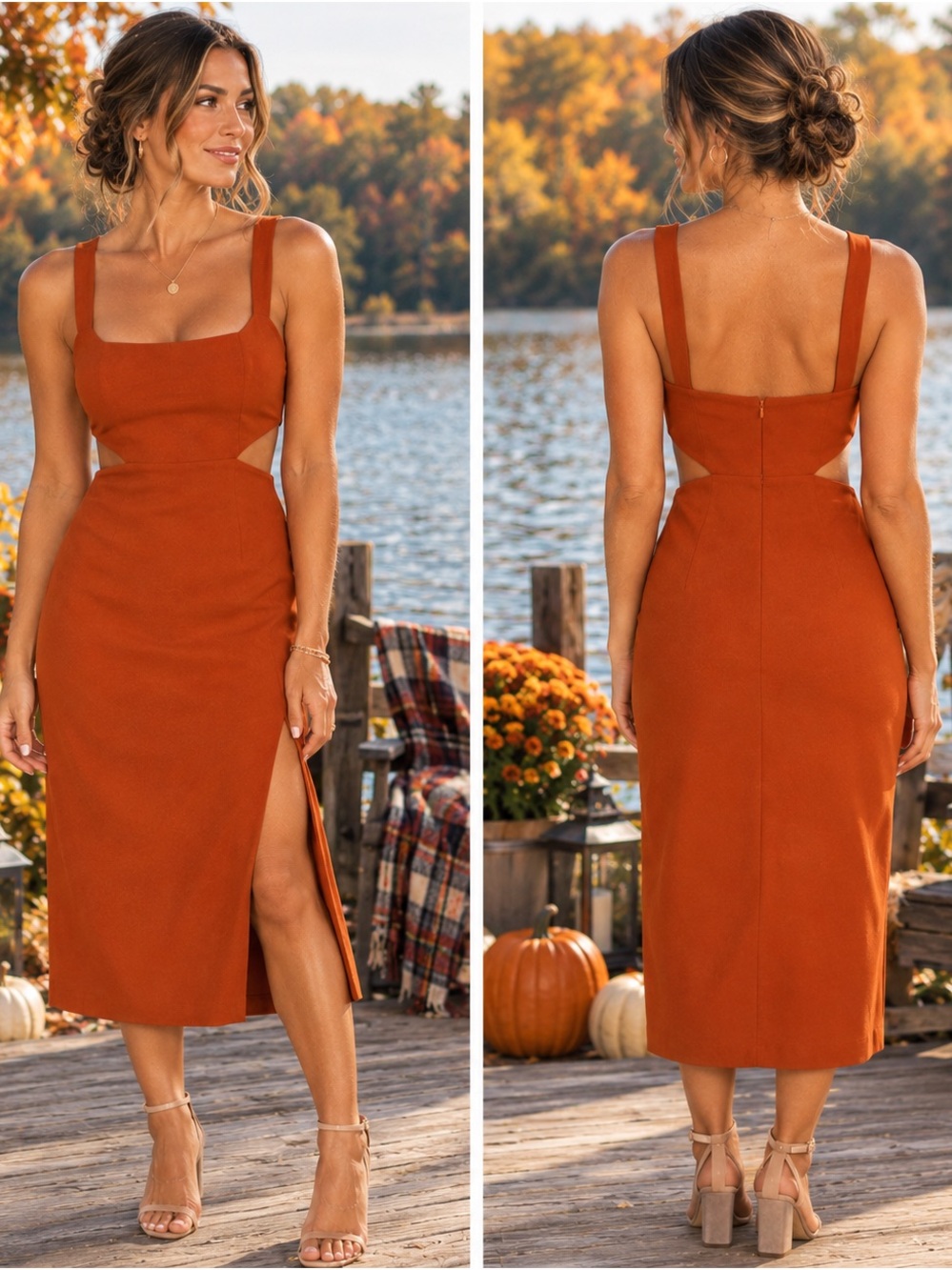 Cider Rust Orange Midi Dress L Cut Out Waist Aide Slit Fitted Fall